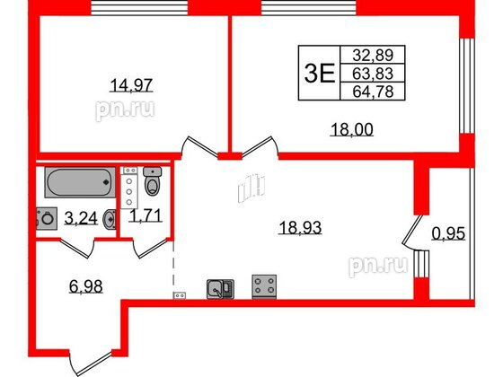 Квартира в ЖК Эко Гармония, 2 комнатная, 64.78 м², 2 этаж