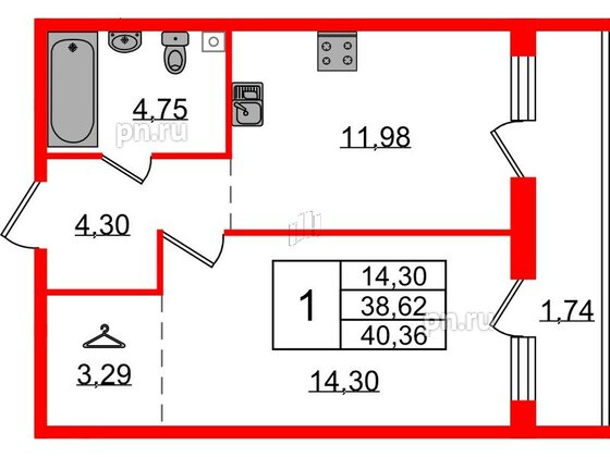 Квартира в ЖК Эко Гармония, 1 комнатная, 40.36 м², 1 этаж