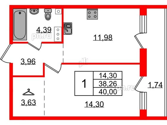 Квартира в ЖК Эко Гармония, 1 комнатная, 40 м², 4 этаж