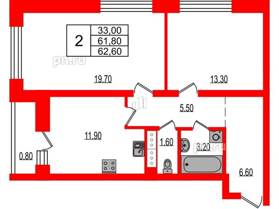 Квартира в ЖК Эко Гармония, 2 комнатная, 62.6 м², 2 этаж