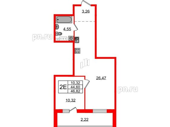 Квартира в ЖК Эко Гармония, 1 комнатная, 46.67 м², 3 этаж