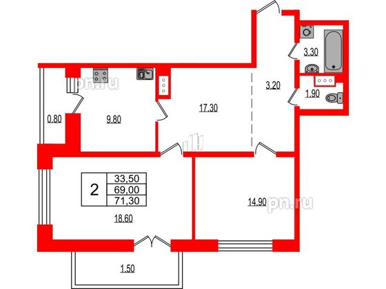 Квартира в ЖК Эко Гармония, 3 комнатная, 68.83 м², 6 этаж