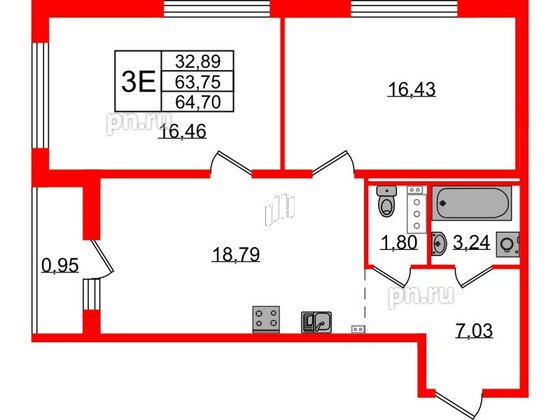 Квартира в ЖК Эко Гармония, 2 комнатная, 64.7 м², 3 этаж