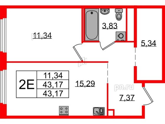 Квартира в ЖК GloraX Парголово, 1 комнатная, 43.17 м², 1 этаж