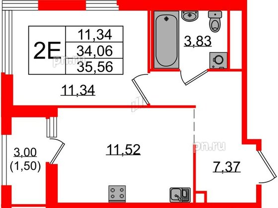 Квартира в ЖК GloraX Парголово, 1 комнатная, 35.56 м², 11 этаж