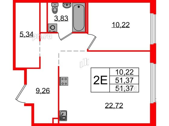 Квартира в ЖК GloraX Парголово, 1 комнатная, 51.37 м², 1 этаж