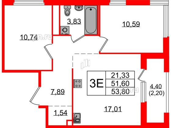 Квартира в ЖК GloraX Парголово, 2 комнатная, 53.8 м², 14 этаж