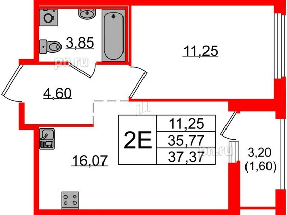 Квартира в ЖК GloraX Парголово, 1 комнатная, 37.37 м², 12 этаж