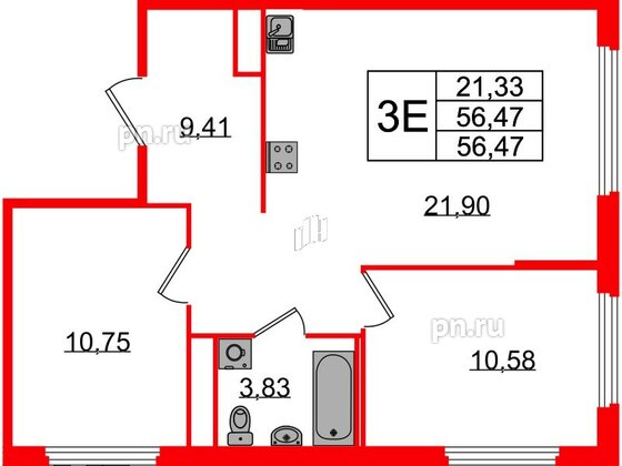 Квартира в ЖК GloraX Парголово, 2 комнатная, 58.2 м², 1 этаж