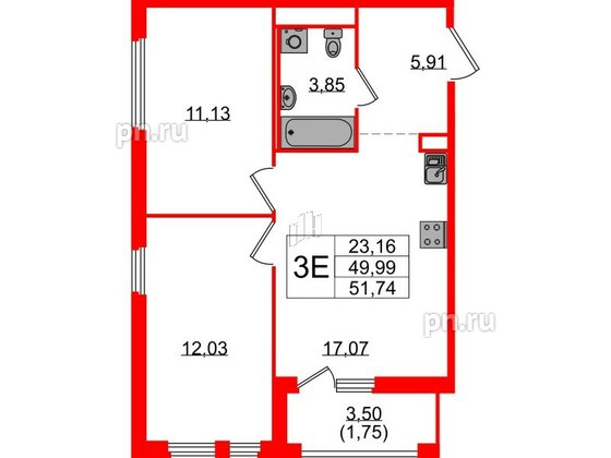 Квартира в ЖК GloraX Парголово, 2 комнатная, 51.74 м², 12 этаж