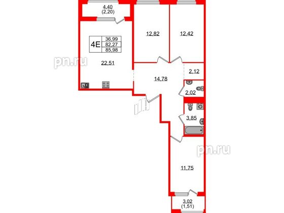 Квартира в ЖК GloraX Парголово, 3 комнатная, 85.98 м², 4 этаж