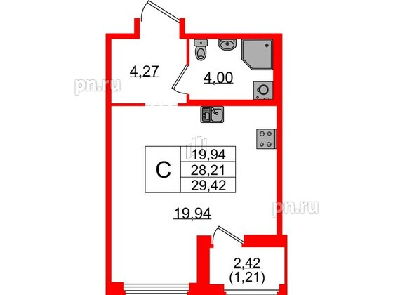 Квартира в ЖК GloraX Парголово, студия, 29.42 м², 2 этаж