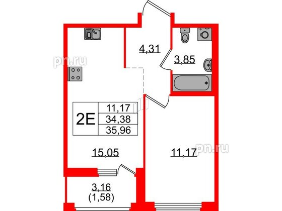 Квартира в ЖК GloraX Парголово, 1 комнатная, 35.96 м², 6 этаж