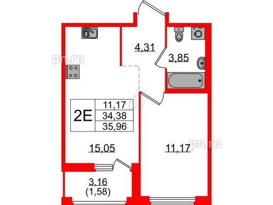 Квартира в ЖК GloraX Парголово, 1 комнатная, 35.96 м², 10 этаж