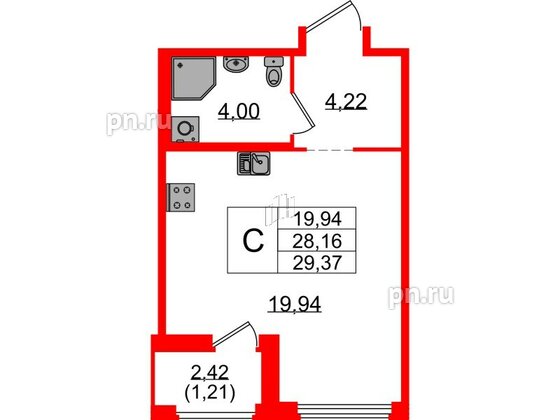 Квартира в ЖК GloraX Парголово, студия, 29.37 м², 2 этаж