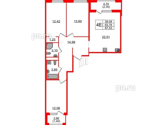 Квартира в ЖК GloraX Парголово, 3 комнатная, 87.53 м², 4 этаж