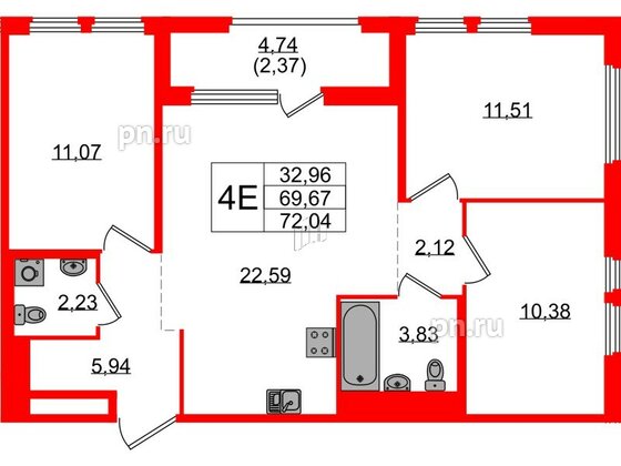 Квартира в ЖК GloraX Парголово, 3 комнатная, 72.04 м², 11 этаж