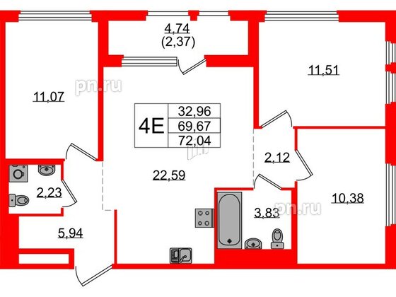 Квартира в ЖК GloraX Парголово, 3 комнатная, 72.04 м², 12 этаж