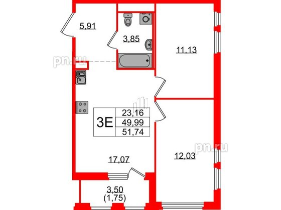 Квартира в ЖК GloraX Парголово, 2 комнатная, 51.74 м², 14 этаж