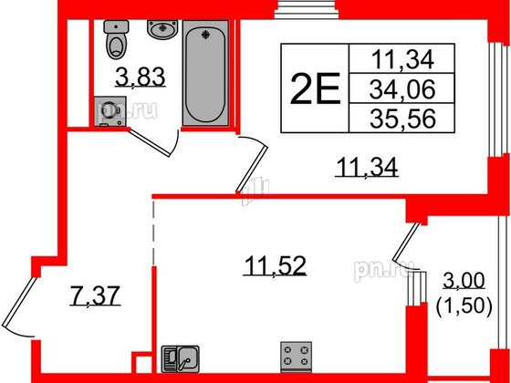 Квартира в ЖК GloraX Парголово, 1 комнатная, 35.56 м², 2 этаж