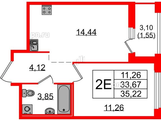 Квартира в ЖК «Парголово», 1 комнатная, 35.22 м², 15 этаж
