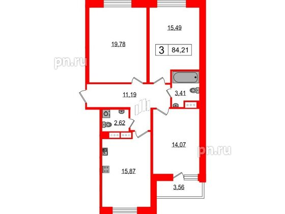 Квартира в ЖК Фотограф, 3 комнатная, 83.9 м², 15 этаж