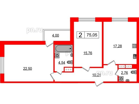 Квартира в ЖК Фотограф, 2 комнатная, 74 м², 2 этаж