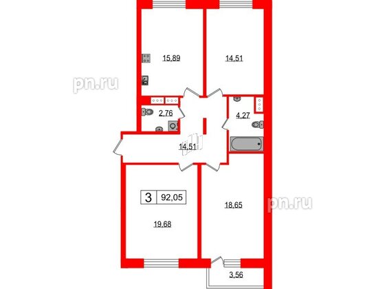 Квартира в ЖК Фотограф, 3 комнатная, 88.4 м², 11 этаж
