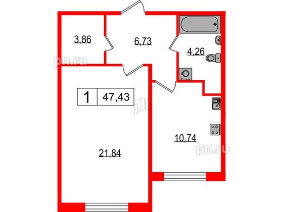 Квартира в ЖК Фотограф, 1 комнатная, 50 м², 1 этаж