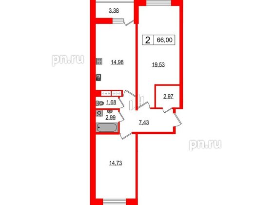 Квартира в ЖК Фотограф, 2 комнатная, 66 м², 2 этаж