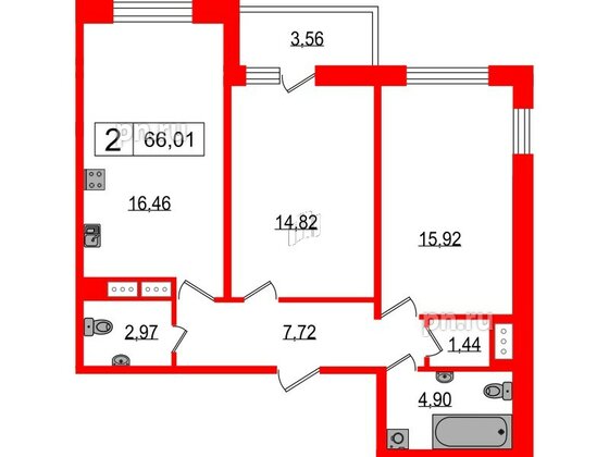 Квартира в ЖК Фотограф, 2 комнатная, 66.01 м², 3 этаж