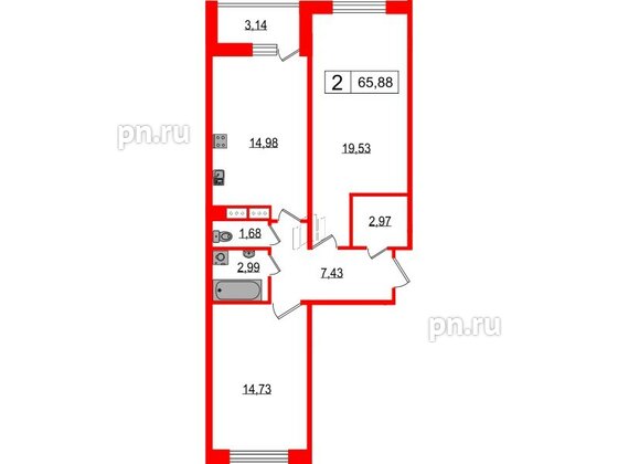 Квартира в ЖК Фотограф, 2 комнатная, 65.88 м², 2 этаж