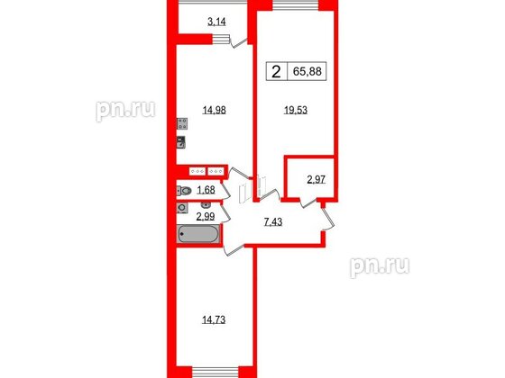 Квартира в ЖК Фотограф, 2 комнатная, 65.88 м², 6 этаж