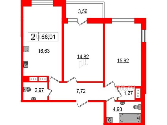 Квартира в ЖК Фотограф, 2 комнатная, 66.01 м², 2 этаж