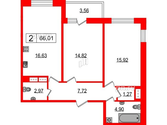 Квартира в ЖК Фотограф, 2 комнатная, 66.01 м², 2 этаж