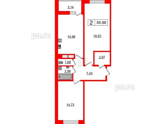 Квартира в ЖК Фотограф, 2 комнатная, 65.88 м², 2 этаж