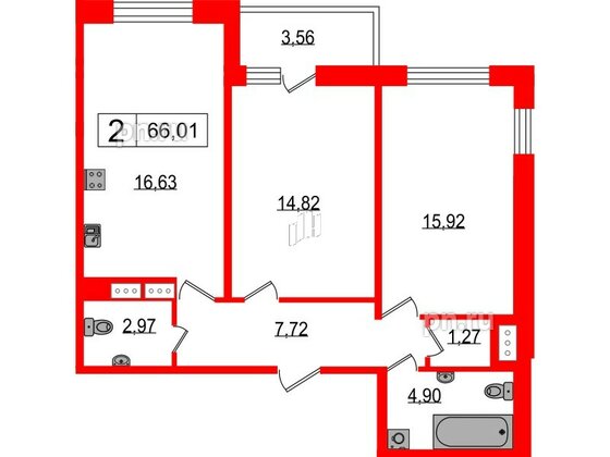 Квартира в ЖК Фотограф, 2 комнатная, 66.01 м², 4 этаж