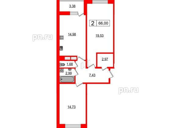 Квартира в ЖК Фотограф, 2 комнатная, 66 м², 2 этаж