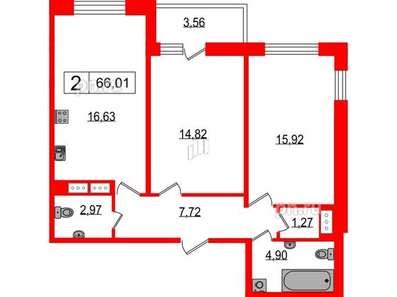 Квартира в ЖК Фотограф, 2 комнатная, 66.01 м², 6 этаж