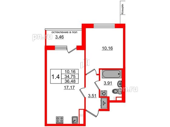 Квартира в ЖК 'Univer City', 1 комнатная, 34.75 м², 2 этаж