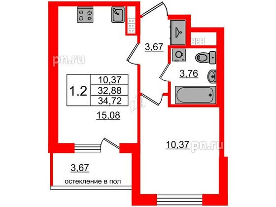 Квартира в ЖК 'Univer City', 1 комнатная, 32.88 м², 4 этаж