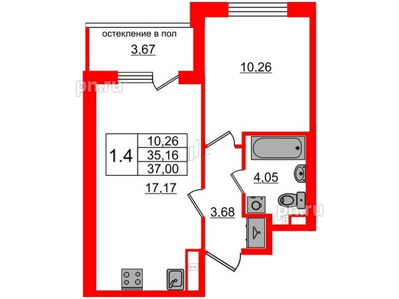 Квартира в ЖК Univer City, 1 комнатная, 35.16 м², 2 этаж