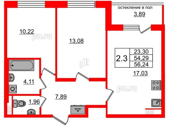 Квартира в ЖК 'Univer City', 2 комнатная, 54.29 м², 4 этаж