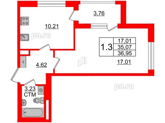 Квартира в ЖК «Дворцовый фасад», 1 комнатная, 35.07 м², 1 этаж