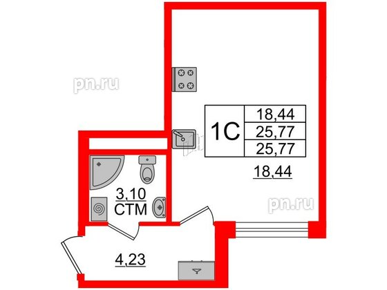 Квартира в ЖК 'Дворцовый фасад', студия, 25.77 м², 1 этаж