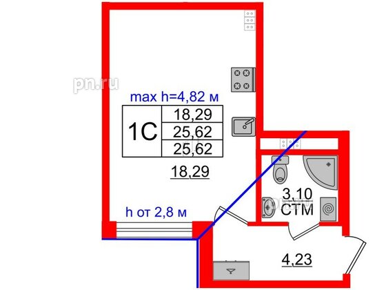 Квартира в ЖК 'Дворцовый фасад', студия, 25.62 м², 4 этаж