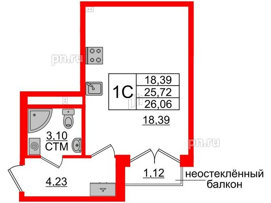 Квартира в ЖК «Дворцовый фасад», студия, 25.72 м², 2 этаж