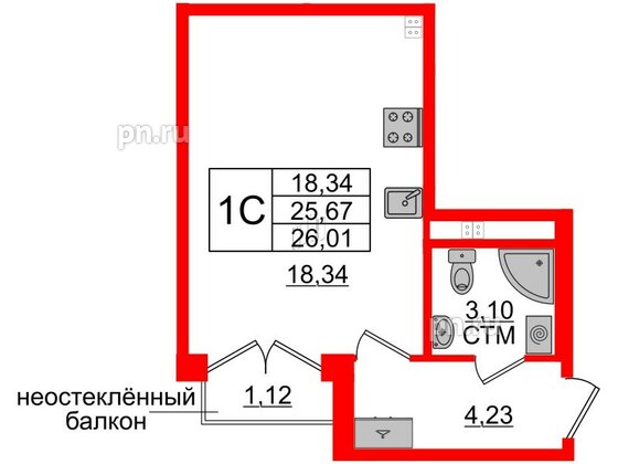 Квартира в ЖК 'Дворцовый фасад', студия, 25.67 м², 3 этаж