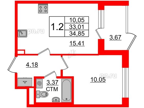 Квартира в ЖК 'Дворцовый фасад', 1 комнатная, 33.01 м², 1 этаж