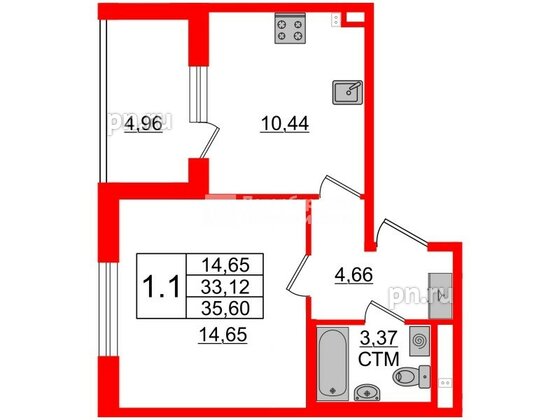 Квартира в ЖК «Дворцовый фасад», 1 комнатная, 32.6 м², 2 этаж